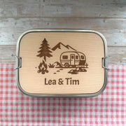 Personalisierte Brotdose Edelstahl, mit Namen, Outdoor & Camping, wasserdicht mit Trennsteg und Schneidebrett – Vanlife