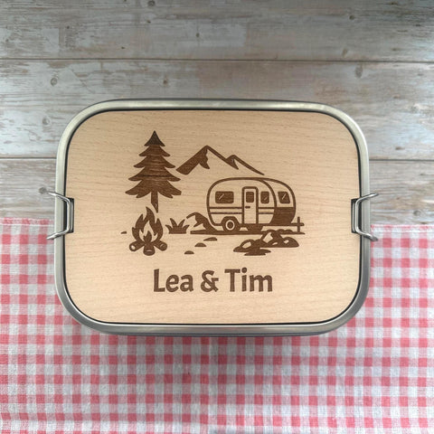 Personalisierte Brotdose Edelstahl, mit Namen, Outdoor & Camping, wasserdicht mit Trennsteg und Schneidebrett – Vanlife