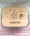 Personalisierte Brotdose Edelstahl, mit Namen, Märchen Schloss und Fee, wasserdicht mit Trennsteg & Schneidebrett, Geschenk Kinder