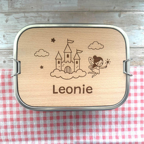 Personalisierte Brotdose Edelstahl, mit Namen, Märchen Schloss und Fee, wasserdicht mit Trennsteg & Schneidebrett, Geschenk Kinder