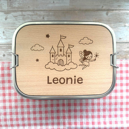 Personalisierte Brotdose Edelstahl, mit Namen, Märchen Schloss und Fee, wasserdicht mit Trennsteg & Schneidebrett, Geschenk Kinder