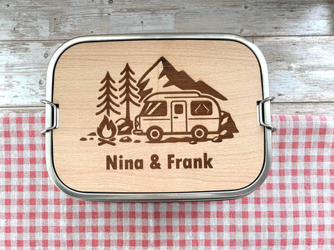 Personalisierte Brotdose Edelstahl, mit Namen, Outdoor & Camping, wasserdicht mit Trennsteg und Schneidebrett