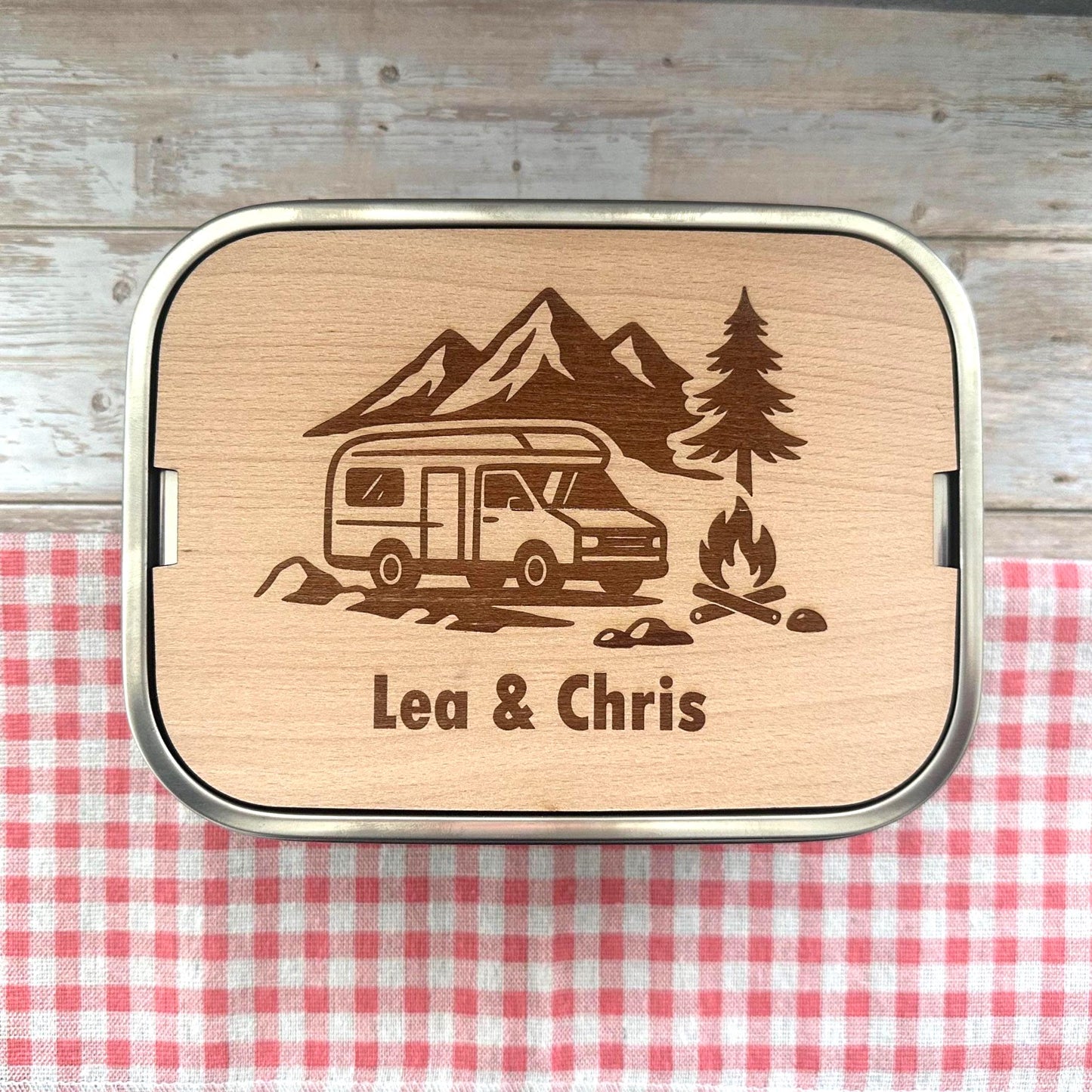 Personalisierte Brotdose Edelstahl, mit Namen, Outdoor & Campervan, wasserdicht mit Trennsteg und Schneidebrett