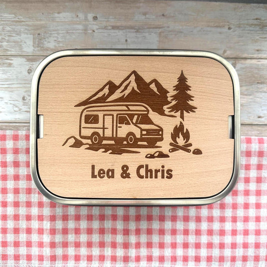 Personalisierte Brotdose Edelstahl, mit Namen, Outdoor & Campervan, wasserdicht mit Trennsteg und Schneidebrett