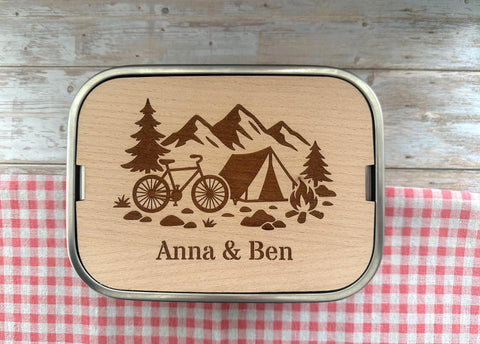 Personalisierte Brotdose Edelstahl, mit Namen, Outdoor & Camping, wasserdicht mit Trennsteg und Schneidebrett - Radfahrer