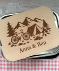Personalisierte Brotdose Edelstahl, mit Namen, Outdoor & Camping, wasserdicht mit Trennsteg und Schneidebrett - Radfahrer