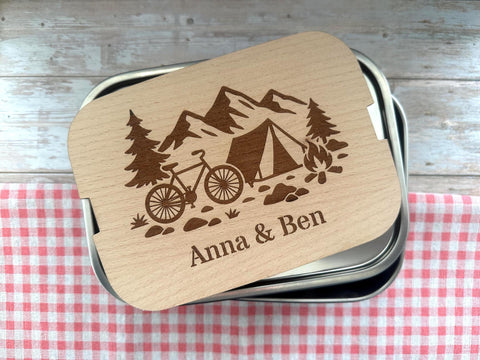 Personalisierte Brotdose Edelstahl, mit Namen, Outdoor & Camping, wasserdicht mit Trennsteg und Schneidebrett - Radfahrer