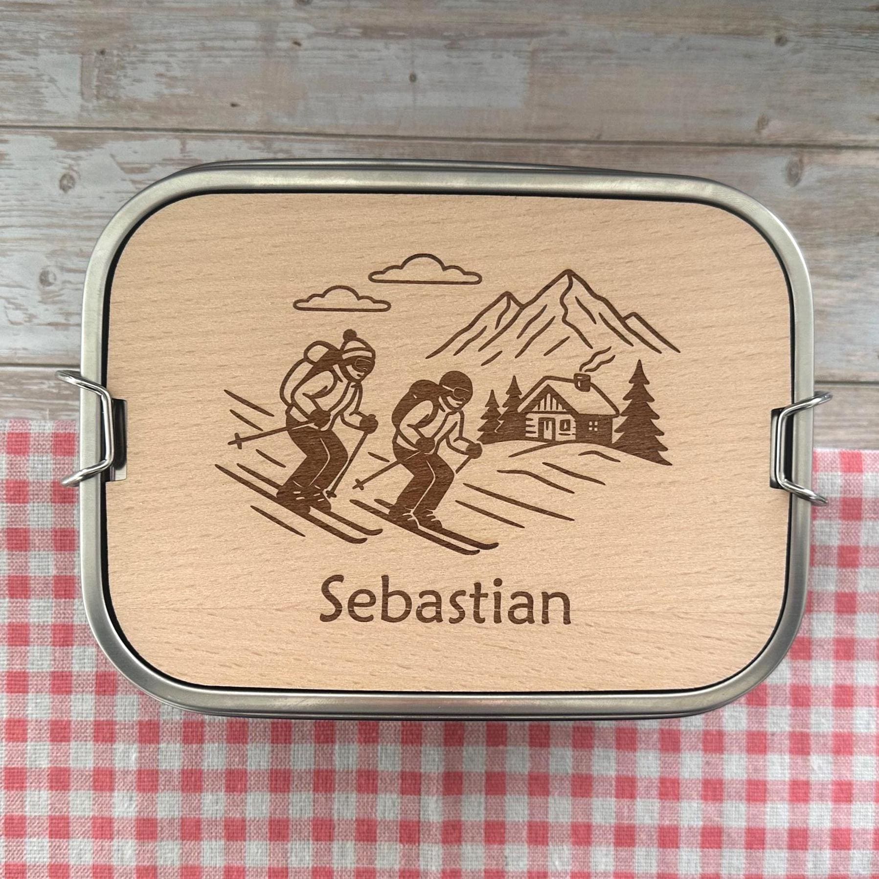 Personalisierte Brotdose Edelstahl, mit Namen, Outdoor & Skifahren, wasserdicht mit Trennsteg und Schneidebrett - Skifahrer