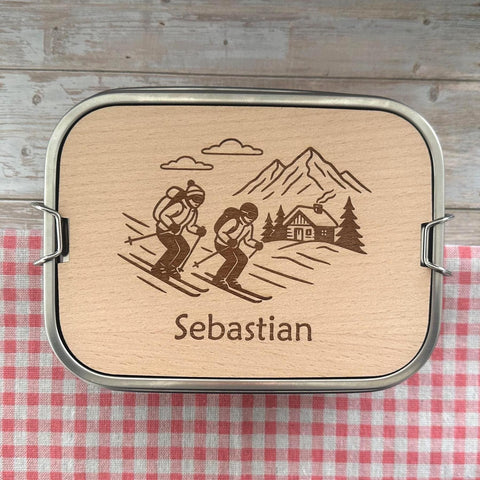 Personalisierte Brotdose Edelstahl, mit Namen, Outdoor & Skifahren, wasserdicht mit Trennsteg und Schneidebrett - Skifahrer