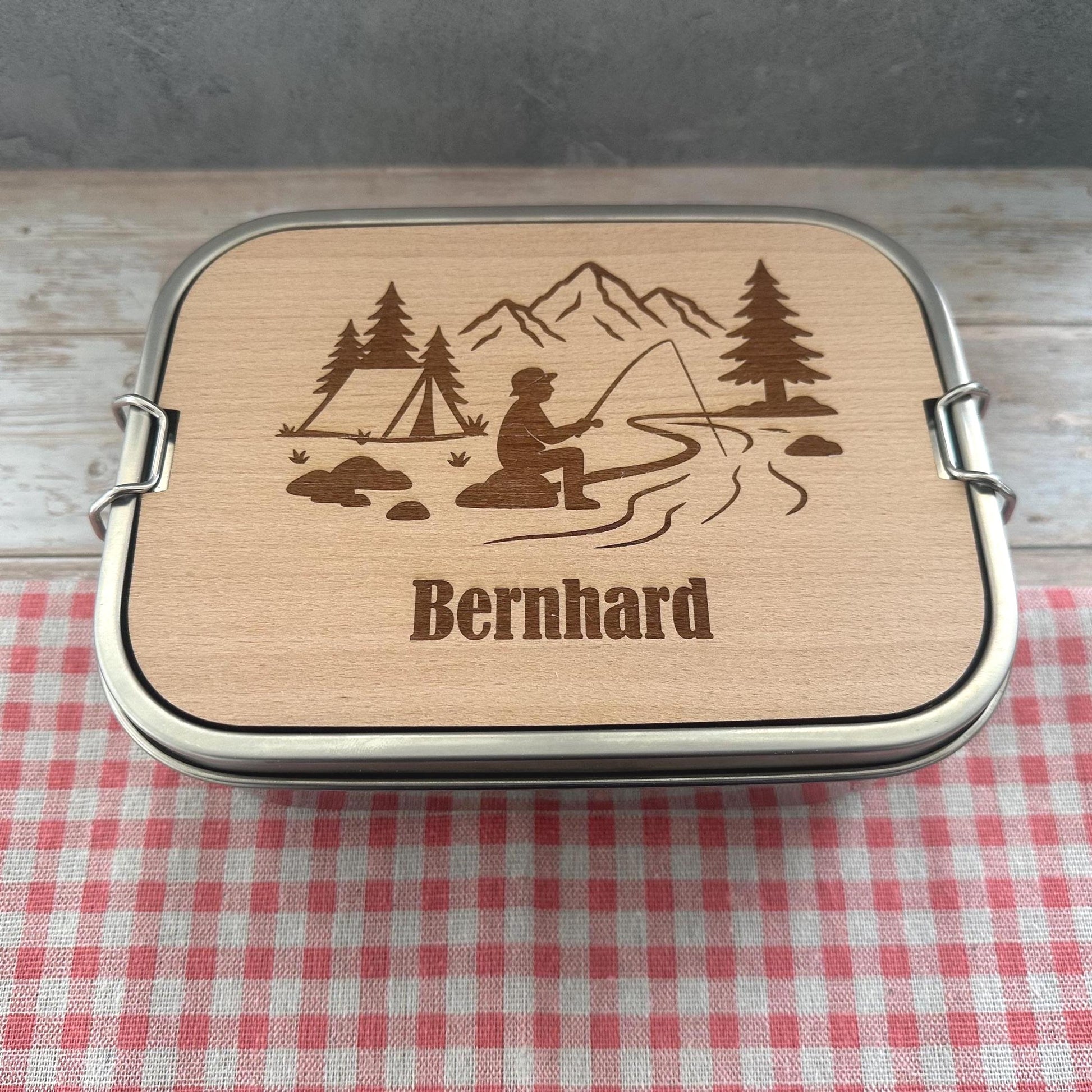 Personalisierte Brotdose Edelstahl, mit Namen, Angeln & Outdoor, wasserdicht mit Trennsteg und Schneidebrett - Angeln und Fischen