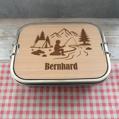 Personalisierte Brotdose Edelstahl, mit Namen, Angeln & Outdoor, wasserdicht mit Trennsteg und Schneidebrett - Angeln und Fischen