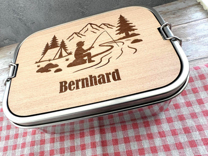 Personalisierte Brotdose Edelstahl, mit Namen, Angeln & Outdoor, wasserdicht mit Trennsteg und Schneidebrett - Angeln und Fischen