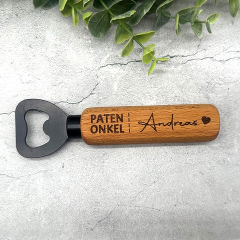 Personalisierter Flaschenöffner aus Holz mit Gravur "Patenonkel" und Namen | Geschenk für Kommunion, Taufe, Patenonkel