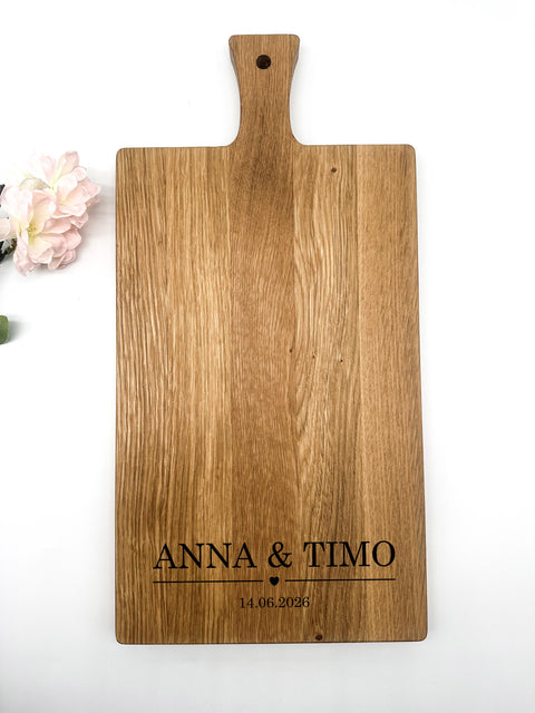 Personalisiertes Schneidebrett Eiche – Hochzeitsgeschenk mit Gravur Name & Datum – Geschenkidee Brautpaar individuell