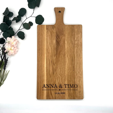 Personalisiertes Schneidebrett Eiche – Hochzeitsgeschenk mit Gravur Name & Datum – Geschenkidee Brautpaar individuell