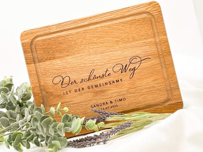 Personalisiertes Schneidebrett Eiche – Hochzeitsgeschenk mit Gravur Name & Datum – Geschenkidee Brautpaar individuell