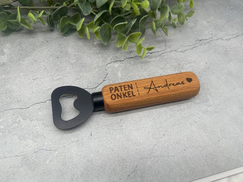 Personalisierter Flaschenöffner aus Holz mit Gravur "Patenonkel" und Namen | Geschenk für Kommunion, Taufe, Patenonkel