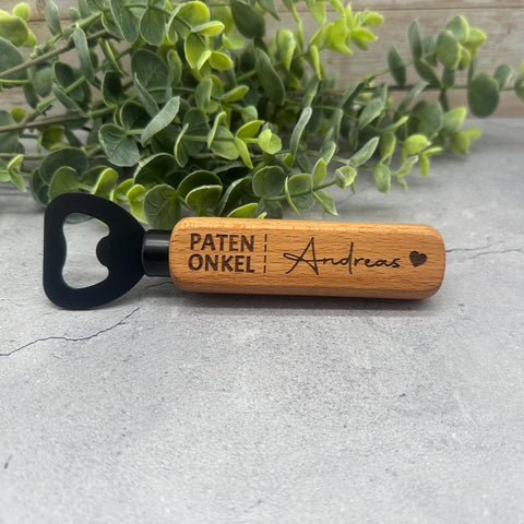 Personalisierter Flaschenöffner aus Holz mit Gravur "Patenonkel" und Namen | Geschenk für Kommunion, Taufe, Patenonkel