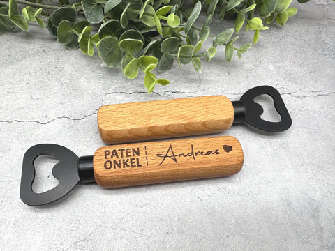 Personalisierter Flaschenöffner aus Holz mit Gravur "Patenonkel" und Namen | Geschenk für Kommunion, Taufe, Patenonkel