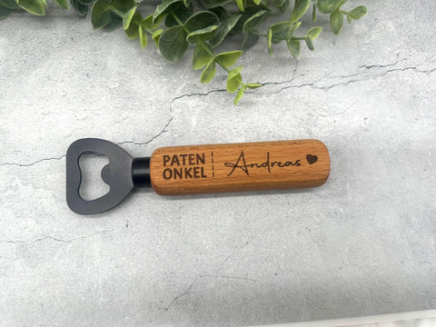 Personalisierter Flaschenöffner aus Holz mit Gravur "Patenonkel" und Namen | Geschenk für Kommunion, Taufe, Patenonkel