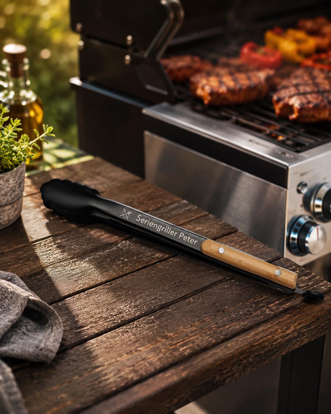 Personalisierte Grillzange mit Namen aus Edlestahl - Schwarz - 38 cm