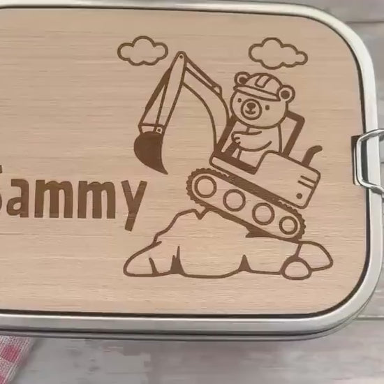 Personalisierte Brotdose Edelstahl mit Namen, Bagger Bärenmotiv, wasserdicht, BPA-frei, mit Trennsteg & Schneidebrett, Geschenk Kinder