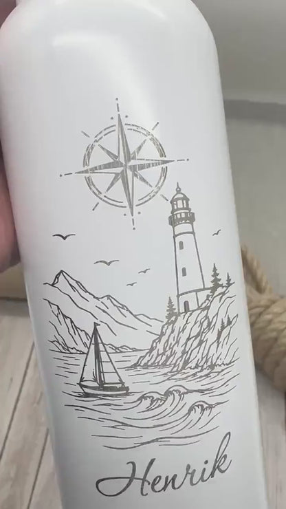 Thermoflasche mit Namen & Leuchtturm Motiv | 500 ml