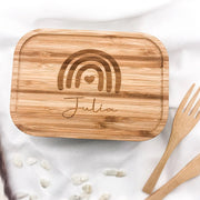 Lunchbox "Regenbogen" mit Bambusdeckel, Besteck und Wunschnamen | Brotdose - Stolz aus Holz
